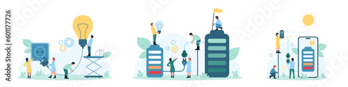 Power and energy generation set vector illustration. Cartoon tiny people use powerbank to charge low battery, recharge phone with charger solar station, turn on light bulb in electricity network