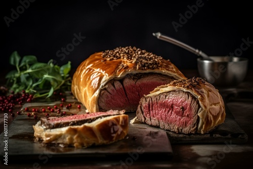Close-up of delicious beef wellington dish. Generative AI photo