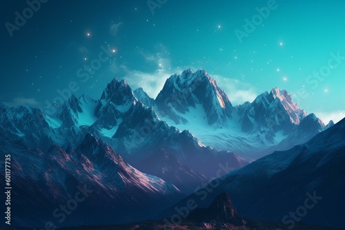 Bright blue glowing mountains with snow-capped summits, cinematic. Generative AI