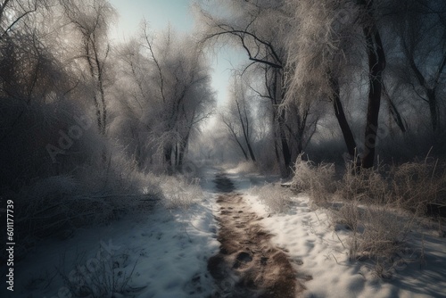 Winter wonderland scenery - chilly weather backdrop. Generative AI © Ysadora