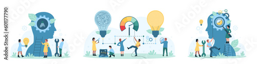 Work productivity and management set vector illustration. Cartoon tiny people repair and change broken light bulb and turn gears inside human head, unravel lamp wires and tangle of fail ideas
