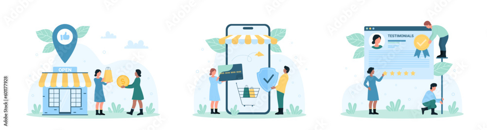 Online retail shop set vector illustration. Cartoon tiny people holding approval seal for store with quality guarantee, credit card and security shield for shopping with mobile app on phone screen Online retail shop set vector illustration. Cartoon tiny people holding approval seal for store with quality guarantee, credit card and security shield for shopping with mobile app on phone screen