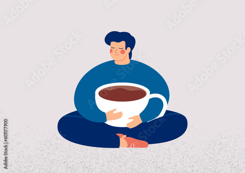 Young man embraces a big cup of coffee with enjoyment. Smiling guy sits in lotus pose with closed eyes and holds mug of cacao. Body positive and healthy eating habits concept. Vector illustration
