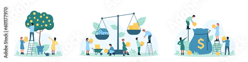 Money savings, investment and profit set vector illustration. Cartoon tiny rich people save gold coins in bag to invest, collect cash from tree, real estate investors weigh house on balance scale