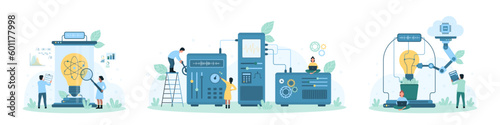 Science idea development set vector illustration. Cartoon tiny people scientists research light bulb with magnifying glass and robots, work with laboratory equipment over creative lab experiment