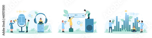 Sound recording set vector illustration. Cartoon tiny people record radio podcast with microphone, listen soundwaves of music with headphones, control smart equalizer panel and voice assistant