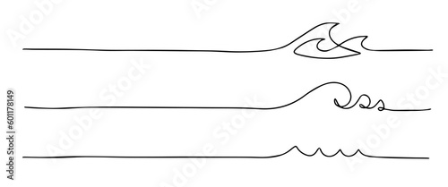 Handdrawn set of wave lines. Abstract wave drawn with a continuous black line. Vector illustration on white background. For design, social media, print, wallpaper, logo.