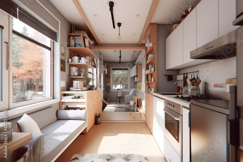 A kitchen with a couch and a window. Tiny house interior. Generative AI.