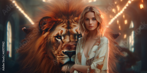 Fashion woman Influencers with charming lion. Generative AI