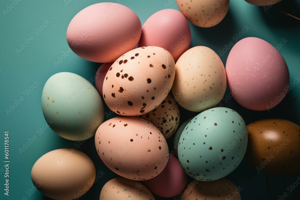 Pastel colored spotted Easter eggs on color block background, viewed from above. Generative AI