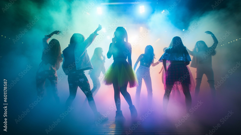 a group of teens seen as vague shapes in a club with neon colors and fog - created by generative ai