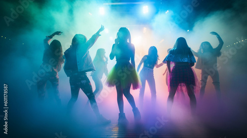 a group of teens seen as vague shapes in a club with neon colors and fog - created by generative ai