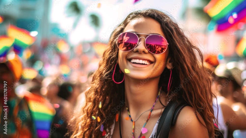 Pride June. Amidst rainbow hues, a  LGBTQ+ girl beams with joy, united with others in vibrant pride, celebrating individuality and love at a colorful event. Generative AI