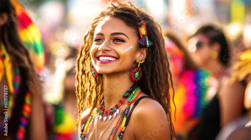 Pride June. Amidst rainbow hues, a LGBTQ+ girl beams with joy, united with others in vibrant pride, celebrating individuality and love at a colorful event. Generative AI