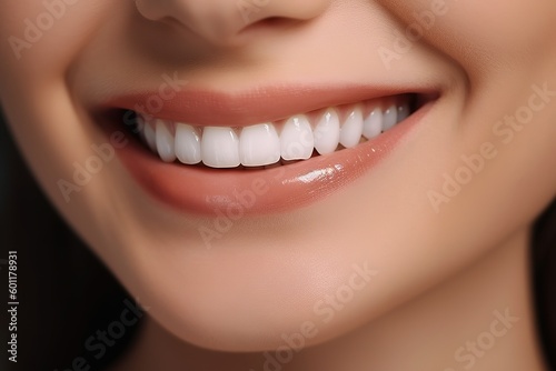 The girl smiles. Close up smile in the frame  beautiful white teeth.