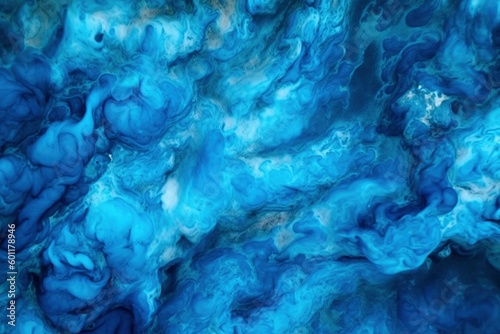 A captivating blue abstract wall painting, reminiscent of dark chiaroscuro, featuring rough-edged 2D animation and marble textures. The aerial view of the artwork evokes an ominous atmosphere