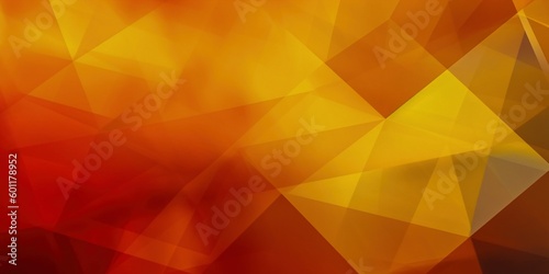 A wide, panoramic yellow, orange, red, and brown abstract background features geometric shapes such as triangles, squares, stripes, and lines. The color gradient creates a modern and futuristic feel.