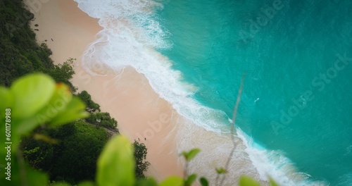 Tropical beach with smooth sand and azure ocean waves. Top down view of sea landscape with green rainforest on coastline. © vidoc