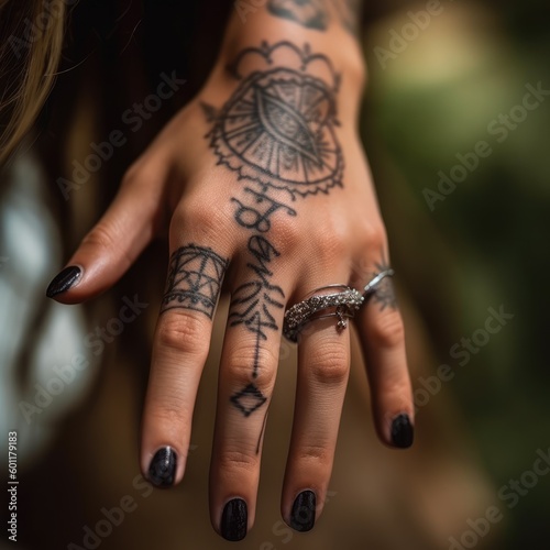 Tattooed woman hands close up. Generative AI
