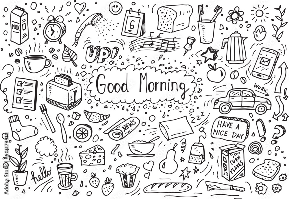 Good morning vector hand drawing elements, doodles on white paper