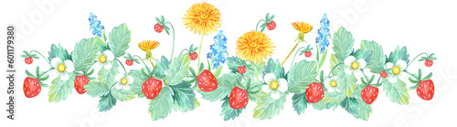 Fototapeta Naklejka Na Ścianę i Meble -  Sweet Strawberry Clipart, wildflowers boarders. Vegetarian, Vegan, Farming, Healthy Food, Gardening, Garden, Village, Eco. Isolated element on a white background. Hand painted in watercolor