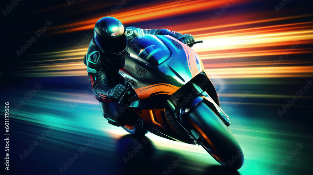 Fast Motorcycle rides at high speed. colorful stripes, bokeh. bright light. ai generative
