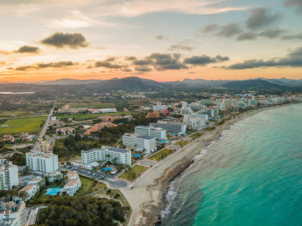 Cala Millor, Mallorca Sunset at Golden Hour from Drone, Aerial Photo