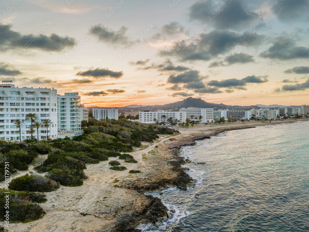 Cala Millor, Mallorca Sunset at Golden Hour from Drone, Aerial Photo
