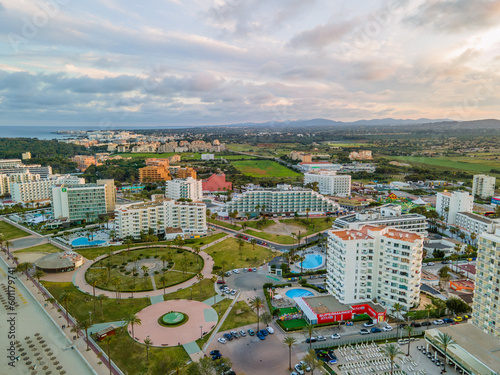 Cala Millor, Mallorca Sunset at Golden Hour from Drone, Aerial Photo