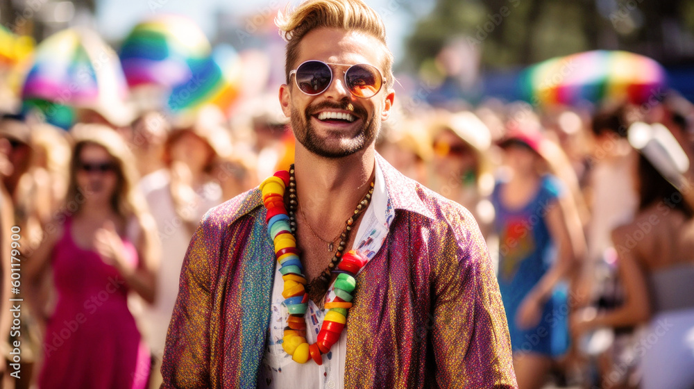 At a vibrant June pride event, a spirited gay man revels in the celebration, surrounded by rainbow hues, diverse attire, and the joyful unity of the LGBTQ+ community. Generative AI