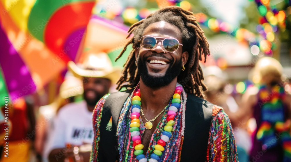 At a vibrant June pride event, a spirited gay man revels in the celebration, surrounded by rainbow hues, diverse attire, and the joyful unity of the LGBTQ+ community. Generative AI At a vibrant June pride event, a spirited gay man revels in the celebration, surrounded by rainbow hues, diverse attire, and the joyful unity of the LGBTQ+ community. Generative AI