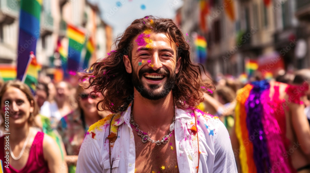 At a vibrant June pride event, a spirited gay man revels in the celebration, surrounded by rainbow hues, diverse attire, and the joyful unity of the LGBTQ+ community. Generative AI At a vibrant June pride event, a spirited gay man revels in the celebration, surrounded by rainbow hues, diverse attire, and the joyful unity of the LGBTQ+ community. Generative AI