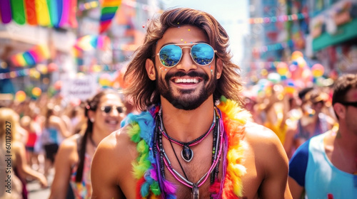 At a vibrant June pride event, a spirited gay man revels in the celebration, surrounded by rainbow hues, diverse attire, and the joyful unity of the LGBTQ+ community. Generative AI