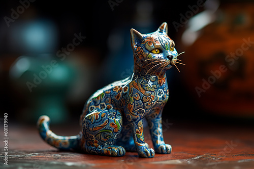 Small porcelain cat figurine. Multicolored ceramic figurine of kitten. Generative AI