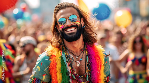 At a vibrant June pride event, a spirited gay man revels in the celebration, surrounded by rainbow hues, diverse attire, and the joyful unity of the LGBTQ+ community. Generative AI
