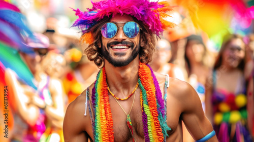 At a vibrant June pride event, a spirited gay man revels in the celebration, surrounded by rainbow hues, diverse attire, and the joyful unity of the LGBTQ+ community. Generative AI