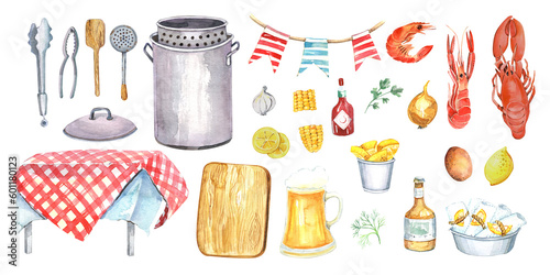 Seafood Crawfish Boil, Louisiana clipart, Shrimps, Fish, Beer, Squid Kitchen  Illustration, printable poster.  Isolated element on a white background. Hand painted in watercolor.