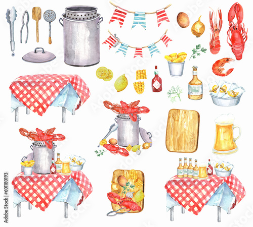 Seafood Crawfish Boil, Louisiana clipart, Shrimps, Fish, Beer, Squid Kitchen  Illustration, printable poster.  Isolated element on a white background. Hand painted in watercolor.