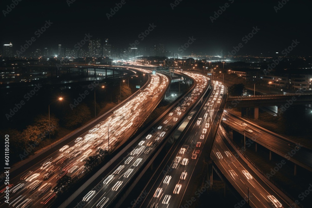 Nighttime traffic on a freeway. Generative AI