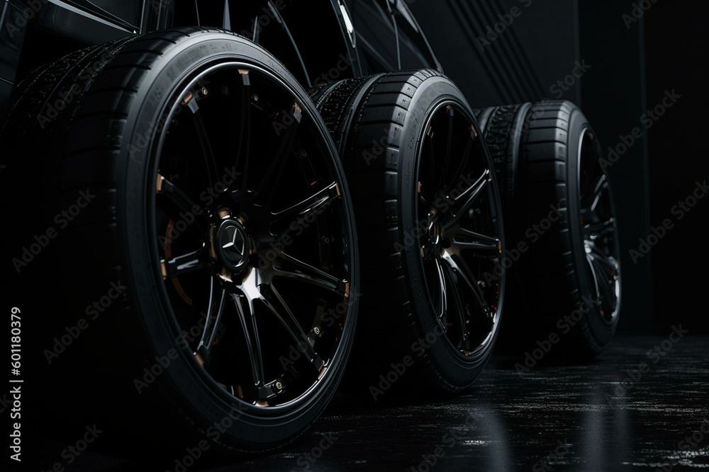 3D illustration of all-black wheels against a black background. Generative AI