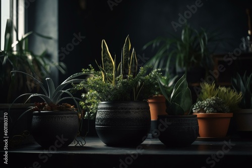 Potted indoor plants sit on a desk. Generative AI