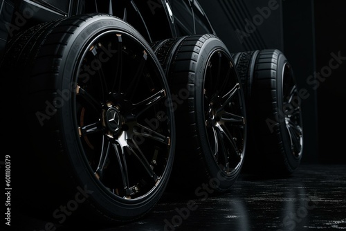 3D illustration of all-black wheels against a black background. Generative AI