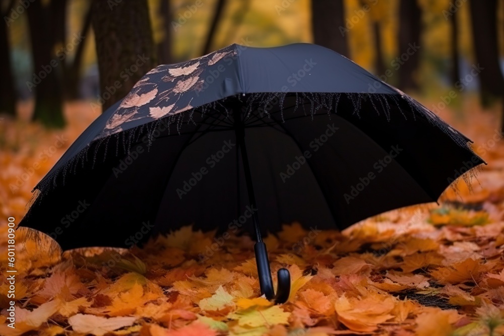 illustration, umbrella with autumn leaves, ai generative