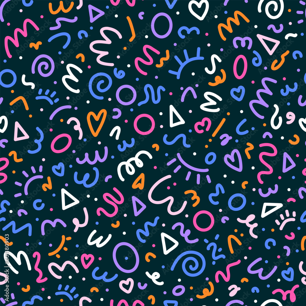 Colorful 90s seamless pattern. Squiggle kid background, doodle minimalistic wallpaper with basic forms and lines. Vector scribble backdrop