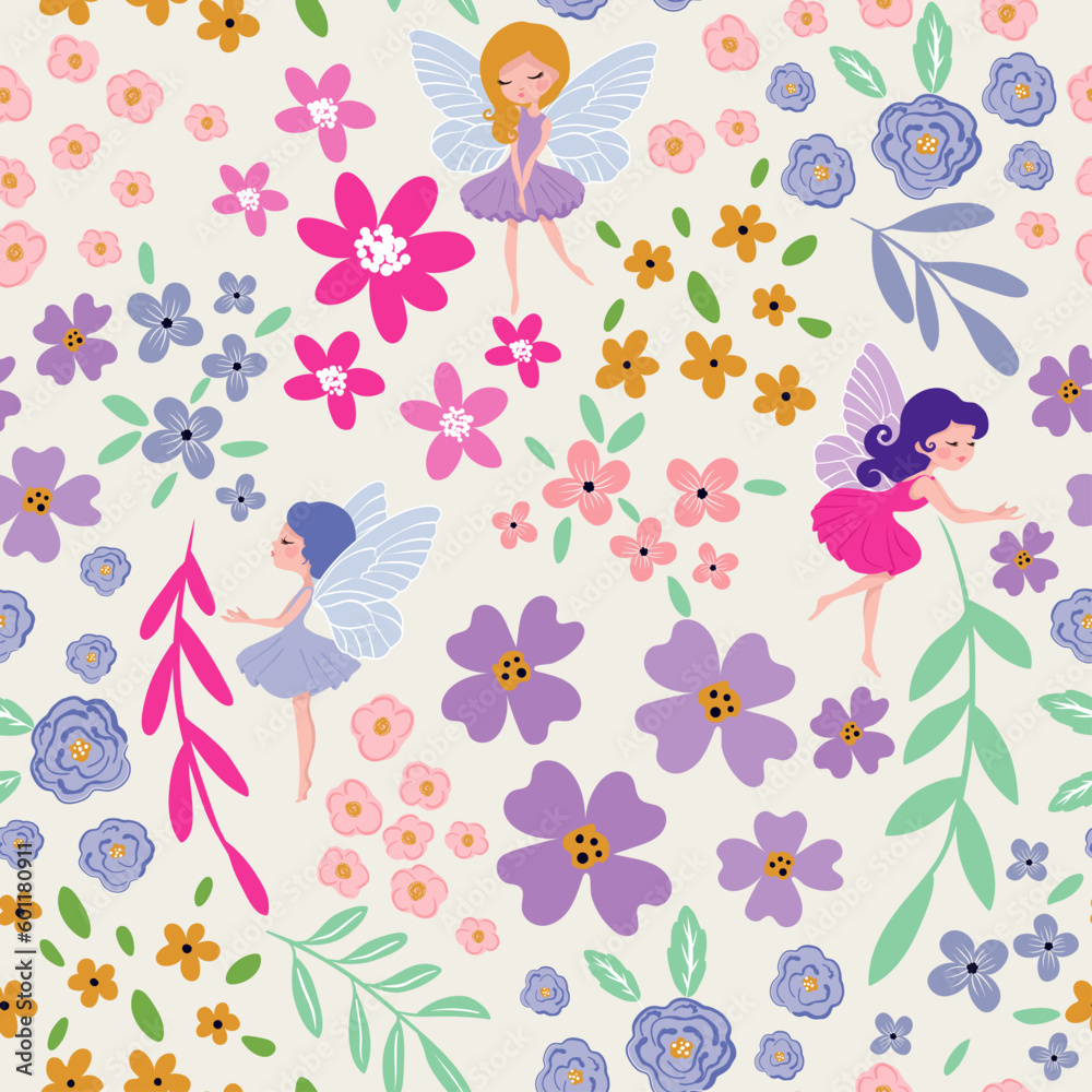 Spring flowers and fairies seamless pattern design for kids fashion artwork, children books, paper, prints, greeting cards, wallpapers.