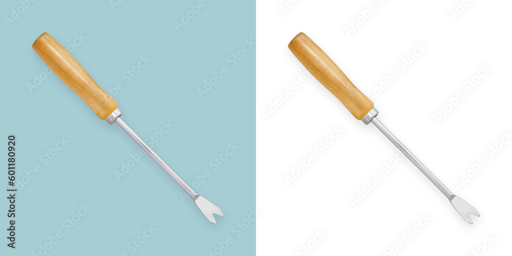 Garden weed removal hand tool with wooden handle. Top view isolated on white background. Gardening equipment for deeper digging and removing invasive weeds, planting, potting and weeding. Garden weed removal hand tool with wooden handle. Top view isolated on white background. Gardening equipment for deeper digging and removing invasive weeds, planting, potting and weeding.