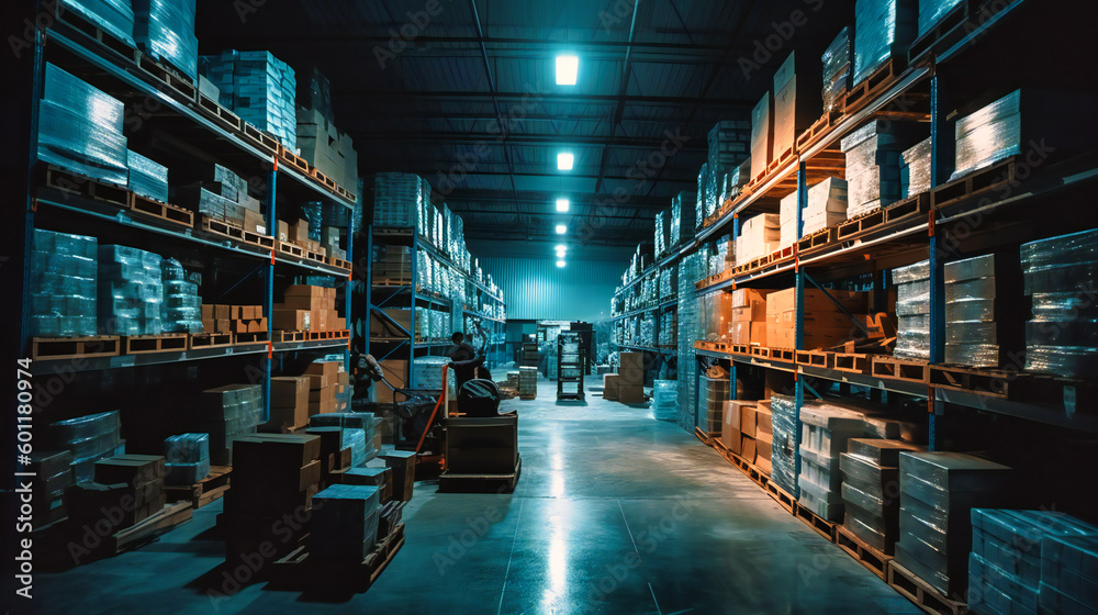 A warehouse with various kinds of supplies waiting in shelves - obrazy, fototapety, plakaty 