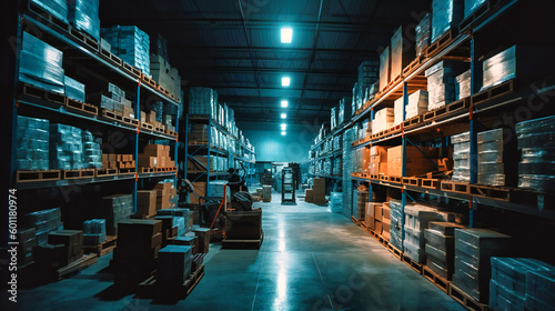 A warehouse with various kinds of supplies waiting in shelves photo