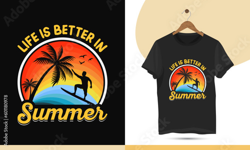 Summer vintage retro t-shirt design template. Illustration with palm tree, sunrise, and Surfboard silhouette. it can be used for any print item. Design quote - life is better in summer.