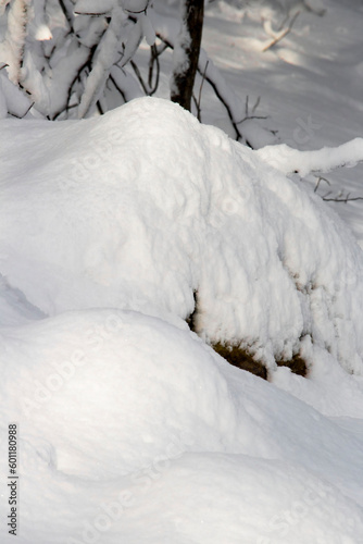 Heavy snow on brown rocks